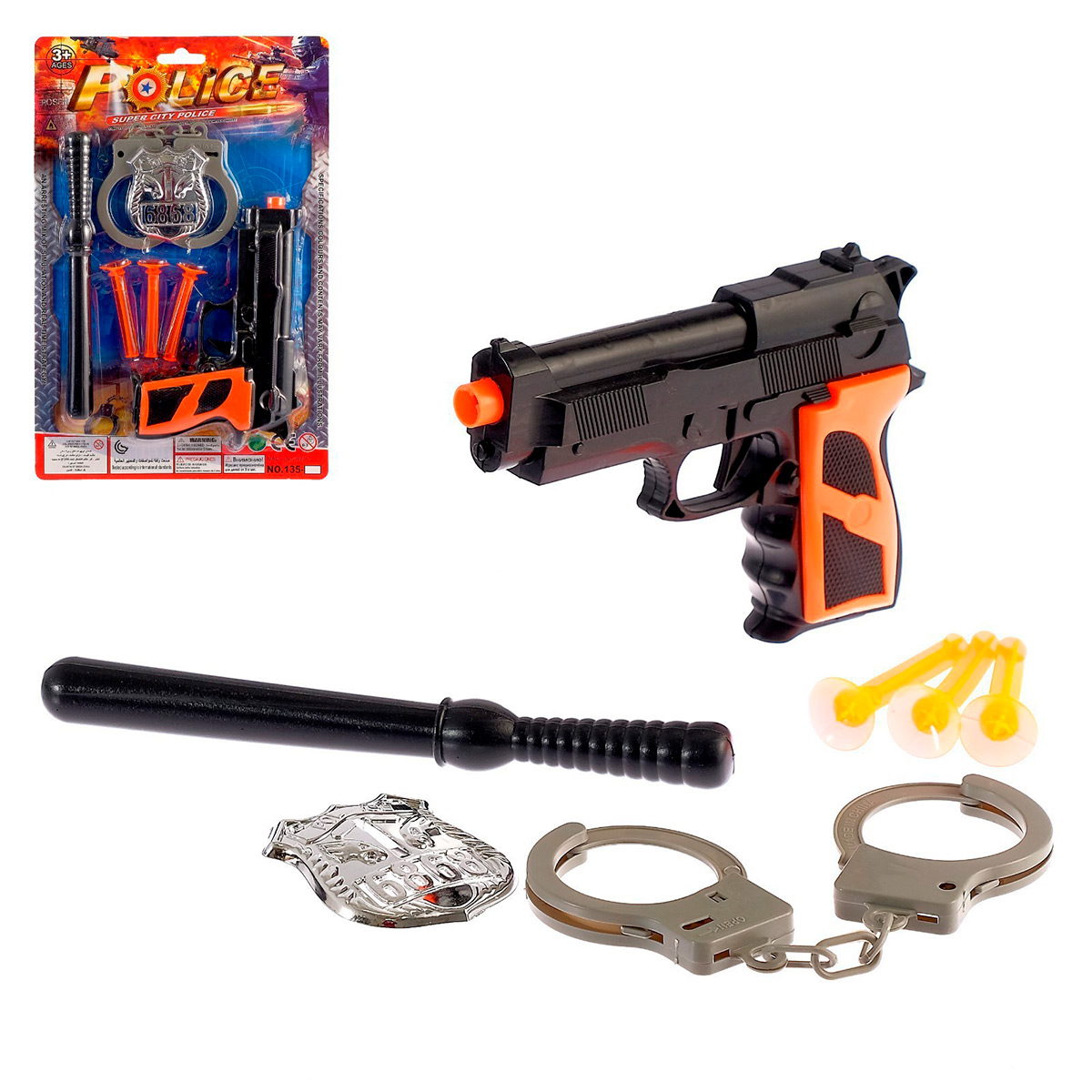 Набор полицейского "Патруль", пистолет с патронами, дубинка, наручники и значок